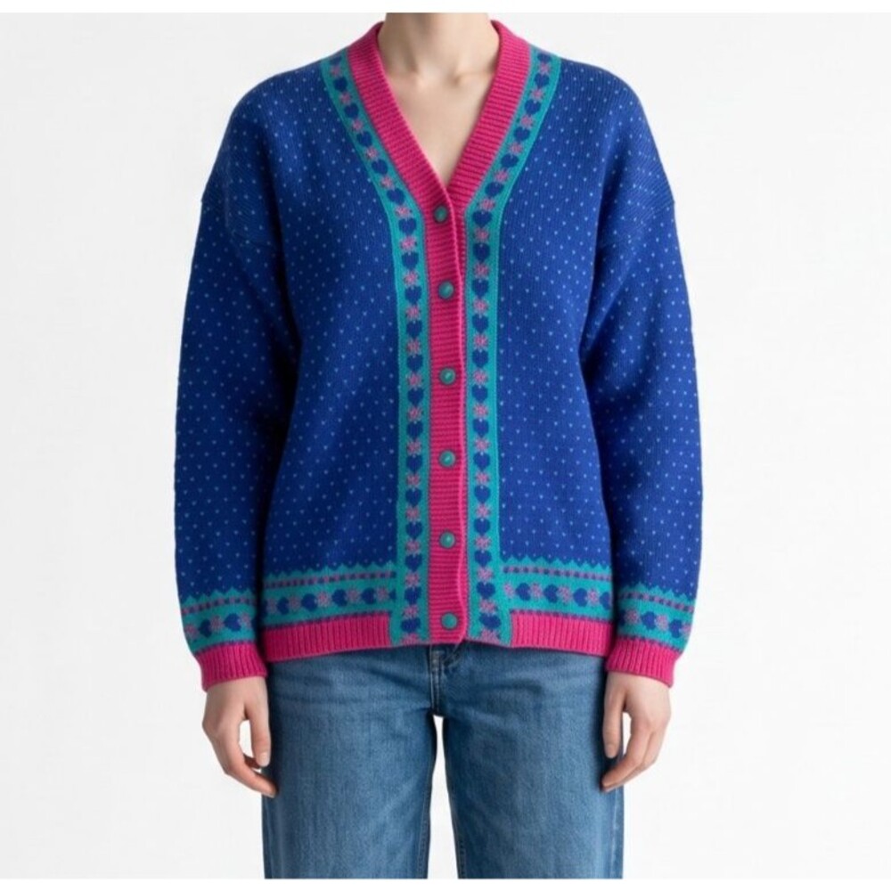 Stefanel Fair Isle Cardigan Sweater Medium Wool Alpaca Heart Pink Blue Italy